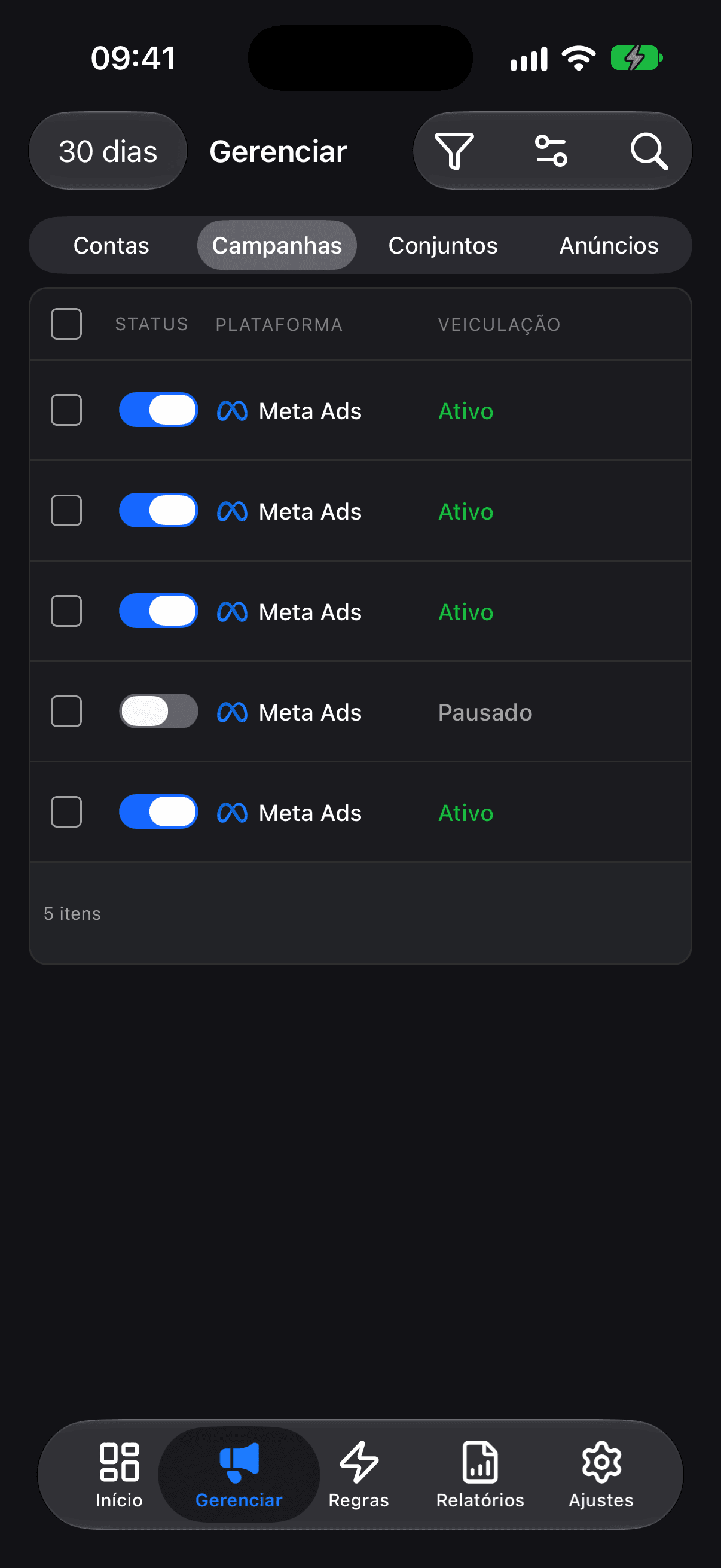 Gerenciador de campanhas do app com controles para ativar e pausar